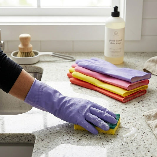 Brisyvo Premium Reusable Cleaning Gloves - 4 Pair Pack Food Grade Waterproof Rubber Kitchen Gloves for Dishwashing, Household Cleaning & Scrubber - Non-Slip Grip