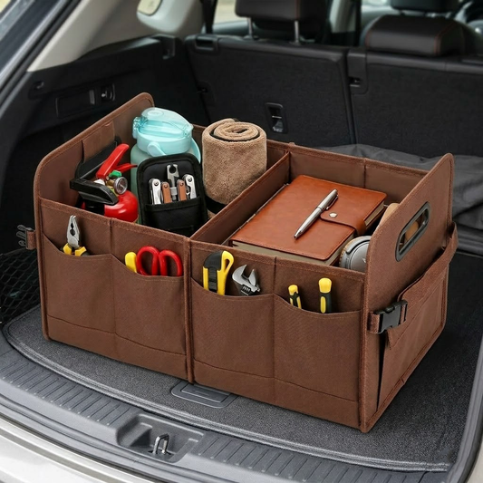 Brisyvo Car Trunk Organizer, Brown Foldable Storage Bag, Non-Slip & Adjustable Multi-Compartment Cargo Storage, Heavy Duty Oxford Cloth
