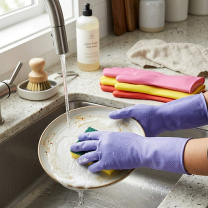 Brisyvo Premium Reusable Cleaning Gloves - 4 Pair Pack Food Grade Waterproof Rubber Kitchen Gloves for Dishwashing, Household Cleaning & Scrubber - Non-Slip Grip