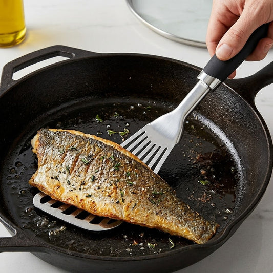 Brisyvo Premium Stainless Steel Fish Turner | Professional Grade Slotted Spatula with Comfort Grip | Essential Kitchen Utensil for Delicate Flipping
