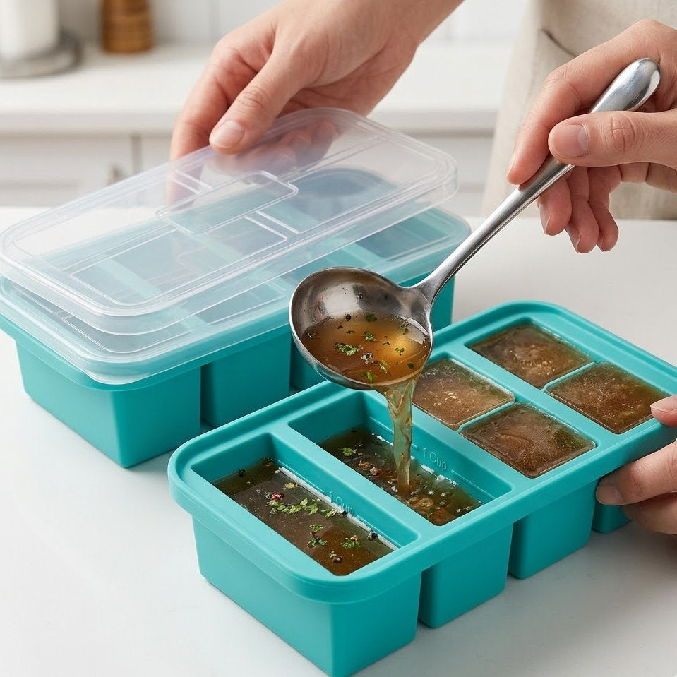 Brisyvo Silicone Soup Freezer Mold with Airtight Lid | Professional Meal Prep Portion Control Tray | Stackable & Space-Saving Refrigerator Organizer