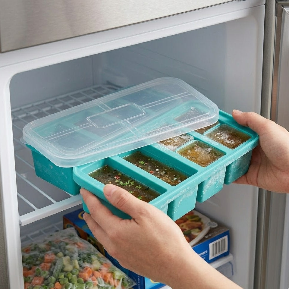 Brisyvo Silicone Soup Freezer Mold with Airtight Lid | Professional Meal Prep Portion Control Tray | Stackable & Space-Saving Refrigerator Organizer